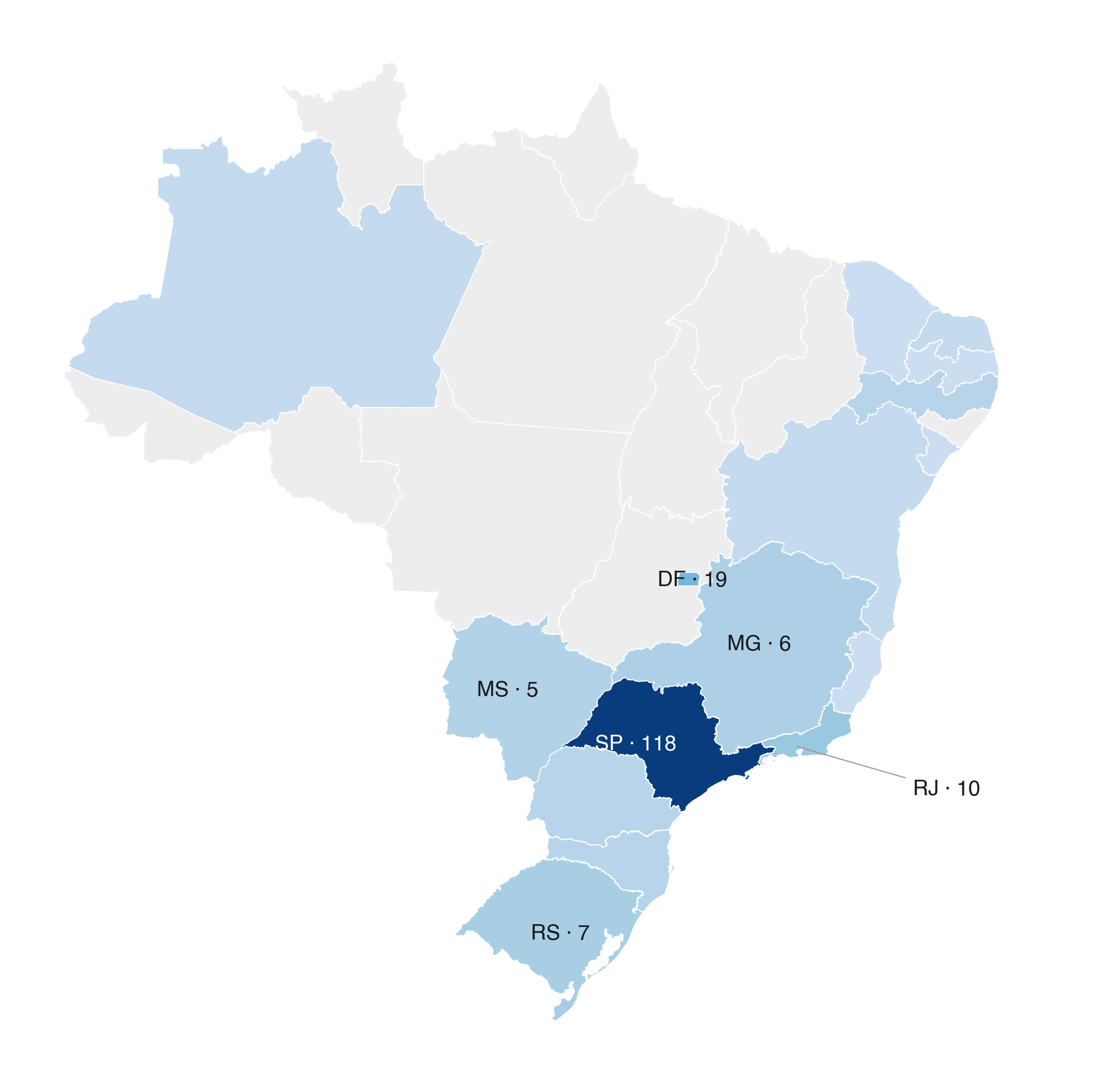 Choropleth map of Brazil; respondents span the country but cluster in the Center-South, darkest in São Paulo.